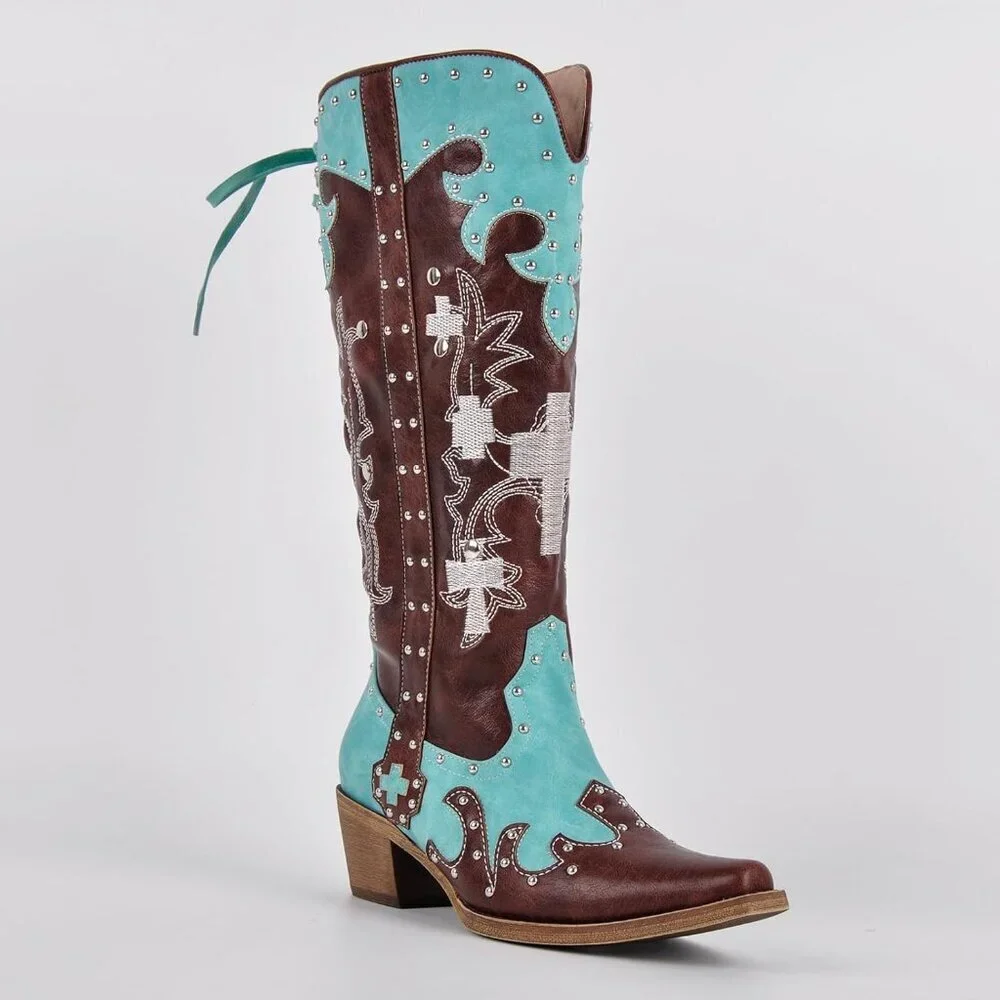 Women's Brown Embroidered Knee High Studded Two-Tone Pathwork Cowboy Boots